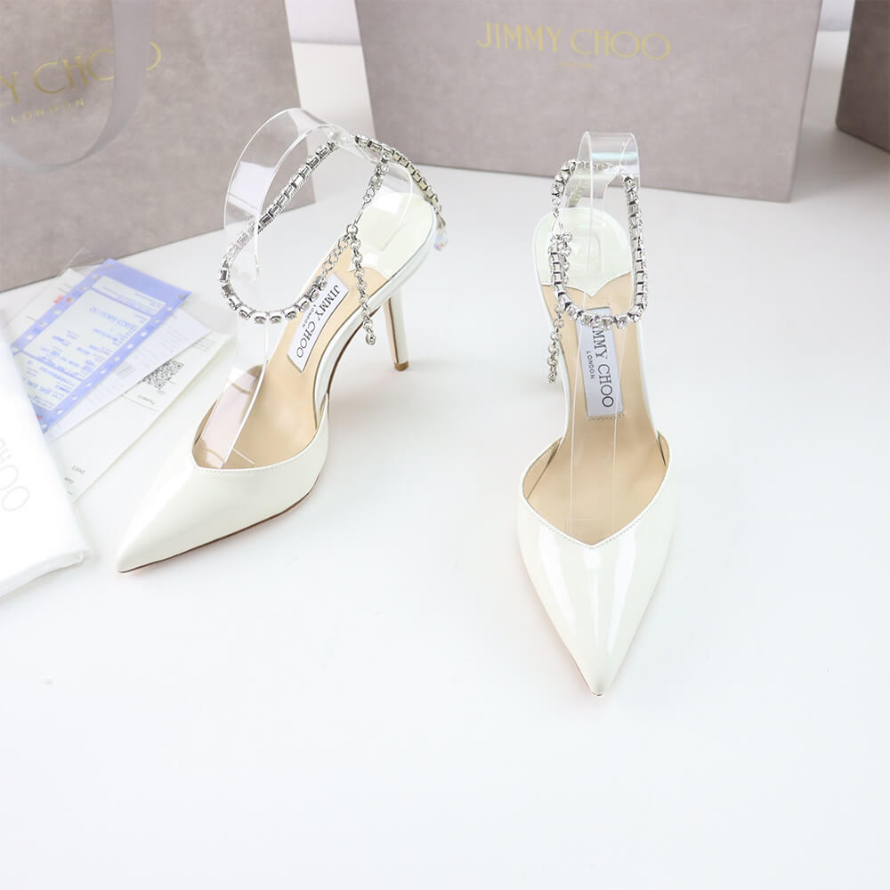 J1m*y Ch00 Ivory Satin Pumps with Crystal Embellishment