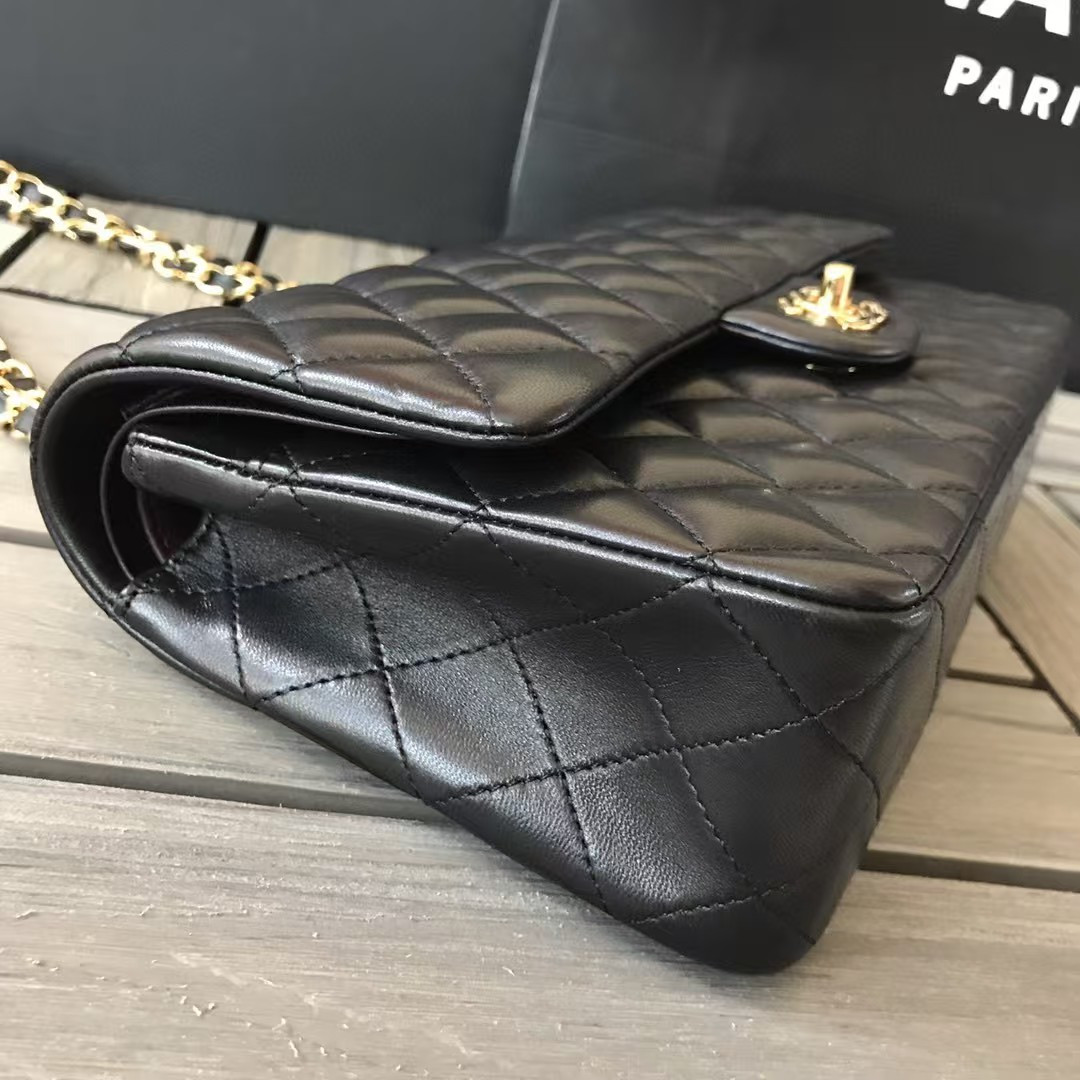 Ch**el SMALL CLASSIC HANDBAG Gold Metal Black 14.5×23×6cm