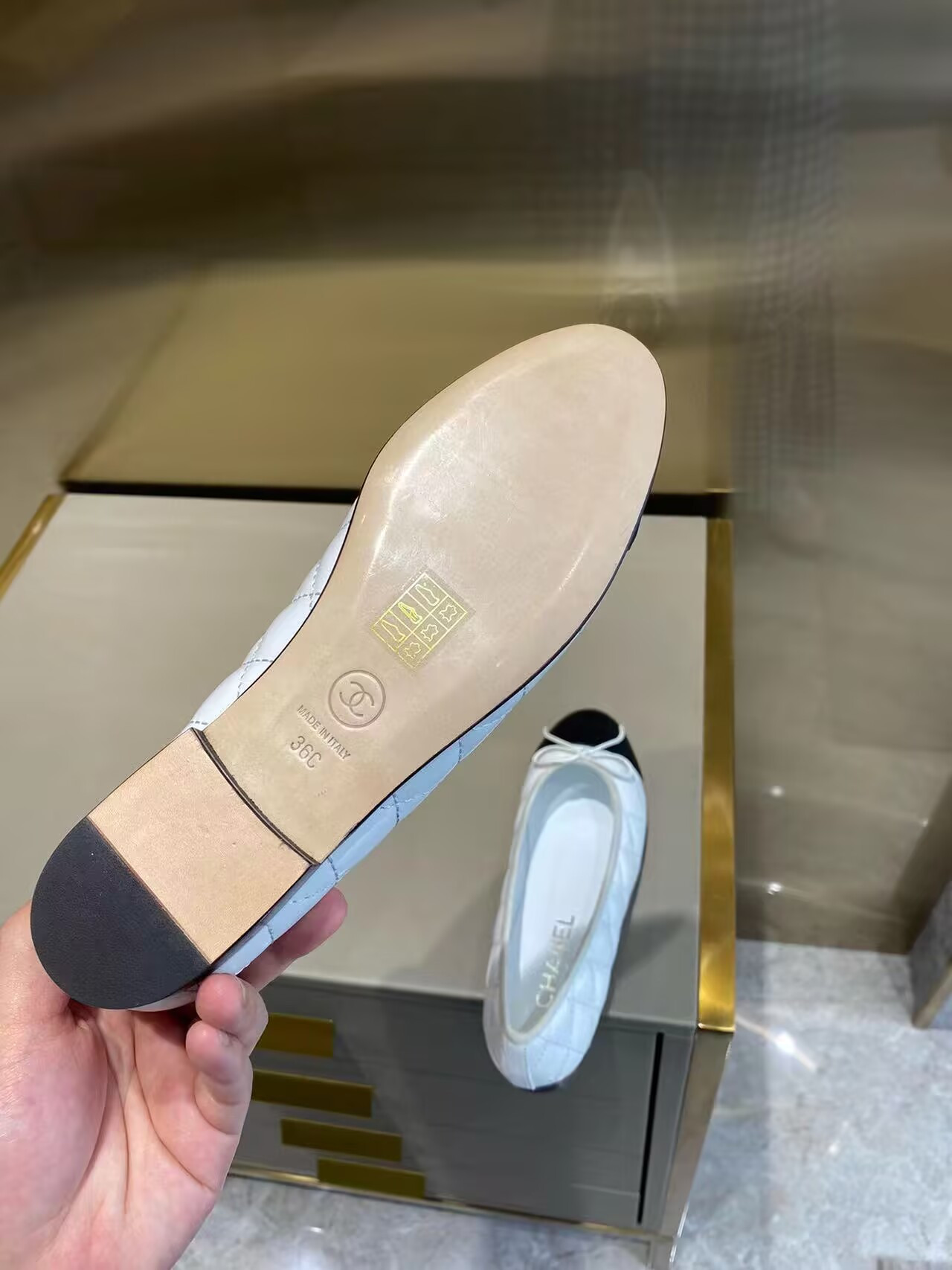 Ch**el BALLET FLATS  Aged Calfskin White & Black