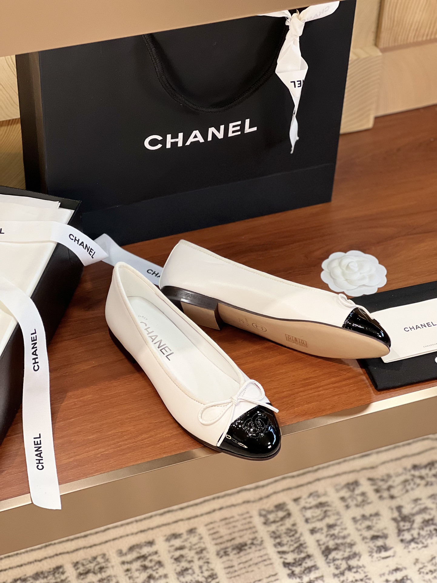 Ch**el BALLET FLATS Lambskin & Grosgrain White & Black