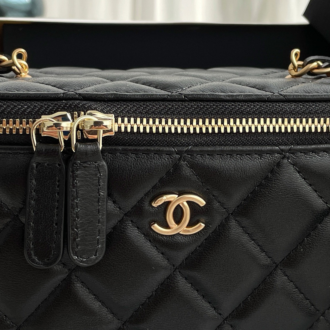 Ch**el Walnut Gold Ball Chain with Makeup Mirror Lamb Leather Square Box Shoulder Bag Women