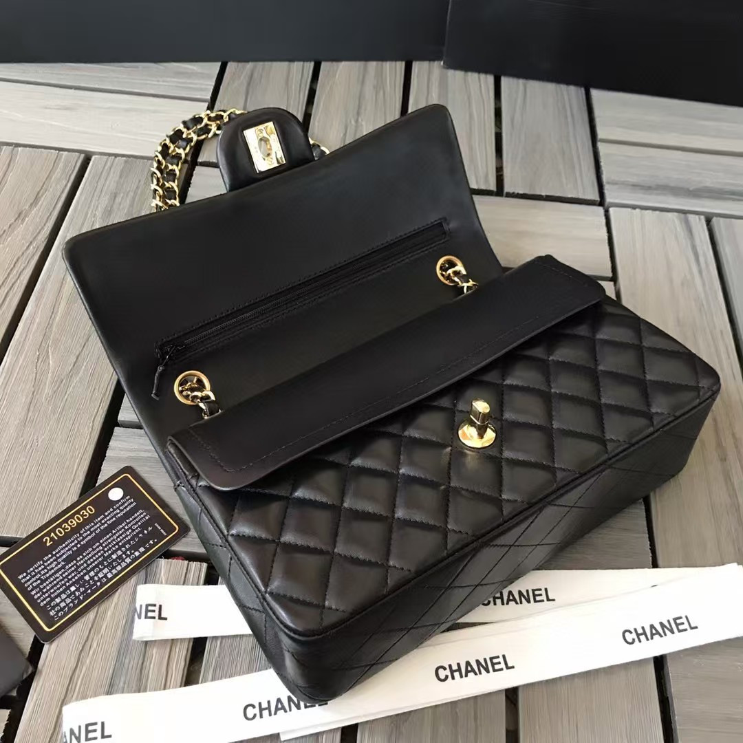 Ch**el SMALL CLASSIC HANDBAG Gold Metal Black 14.5×23×6cm