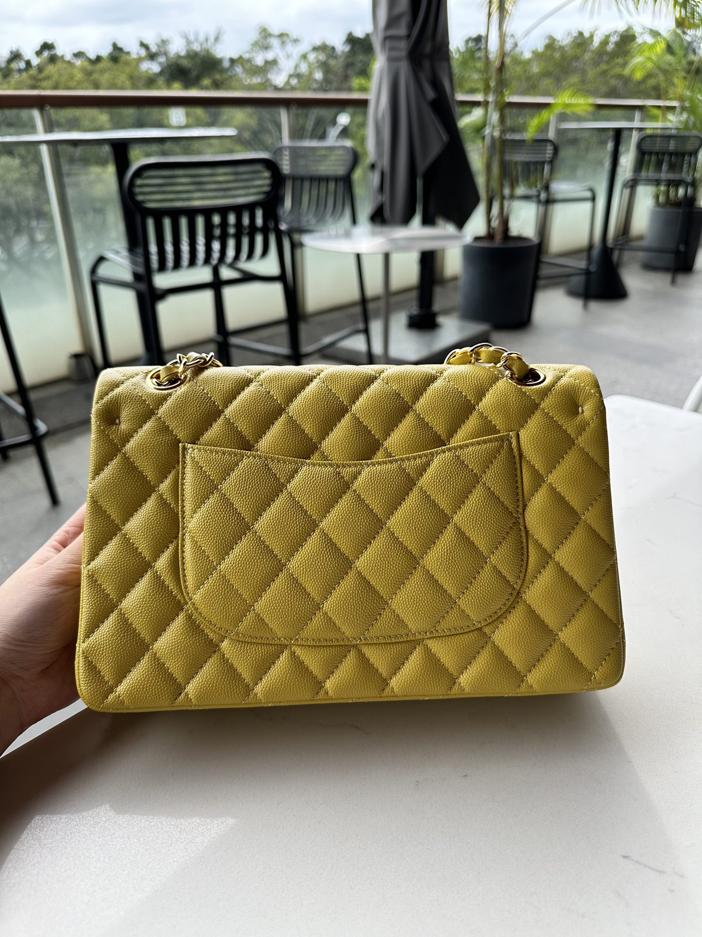 Ch**el CLASSIC HANDBAG GRAINED CALFSKIN & GOLD-TONE METAL yellow 6×9.9×2.5 in