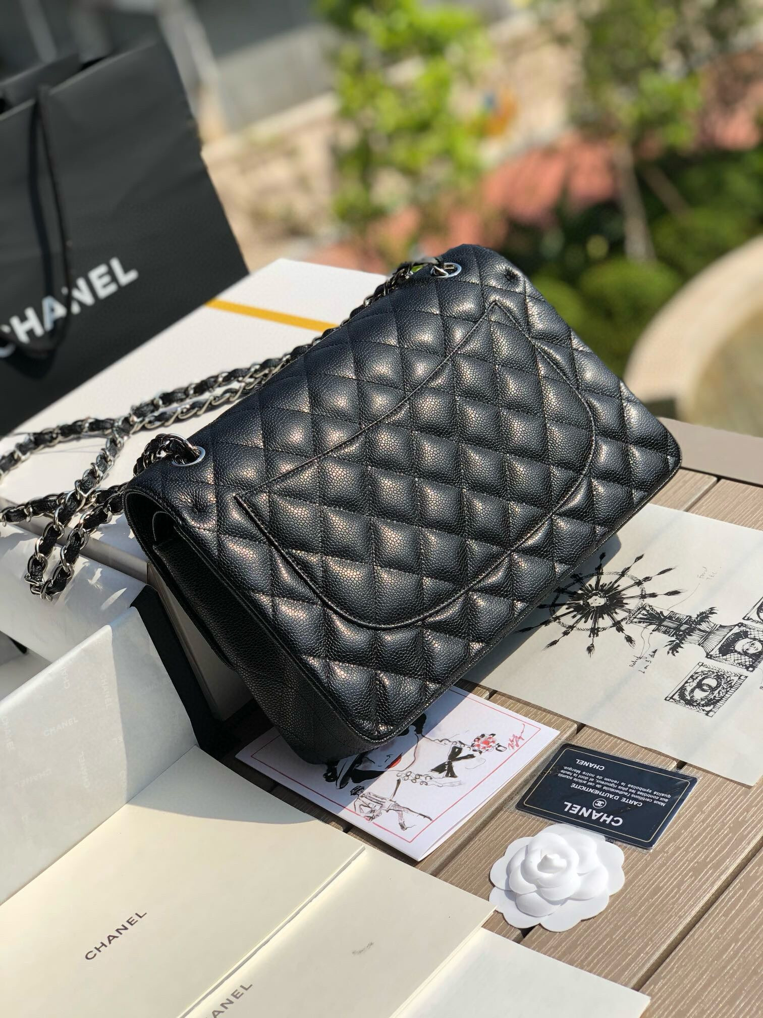 Ch**el Classic Flap Jumbo 30cm CF black Silver 7.6 × 11.7 × 3.9 in