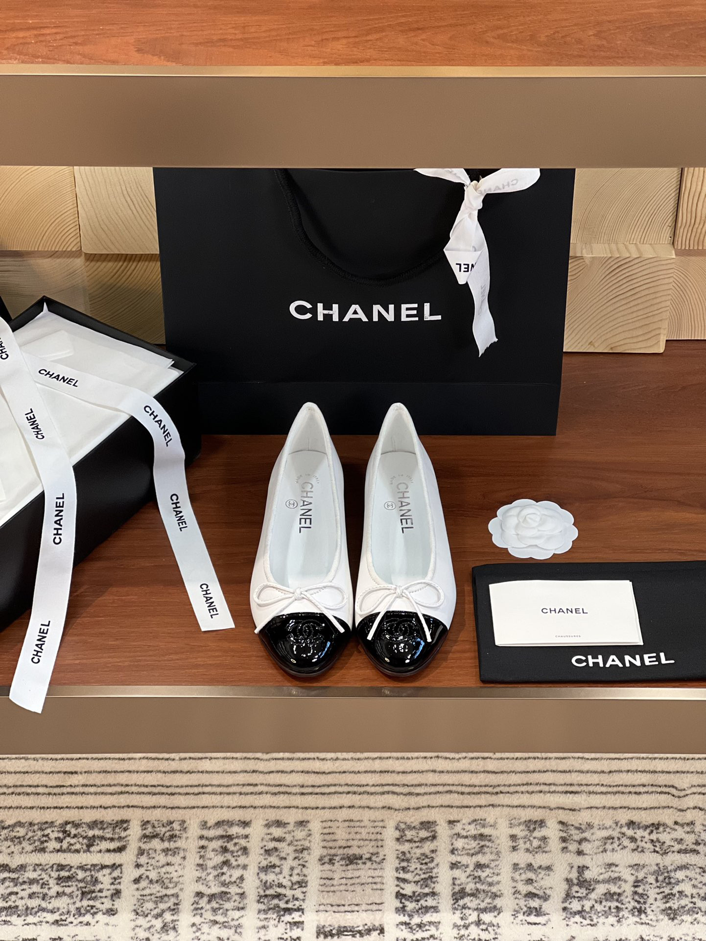 Ch**el BALLET FLATS Lambskin & Grosgrain White & Black
