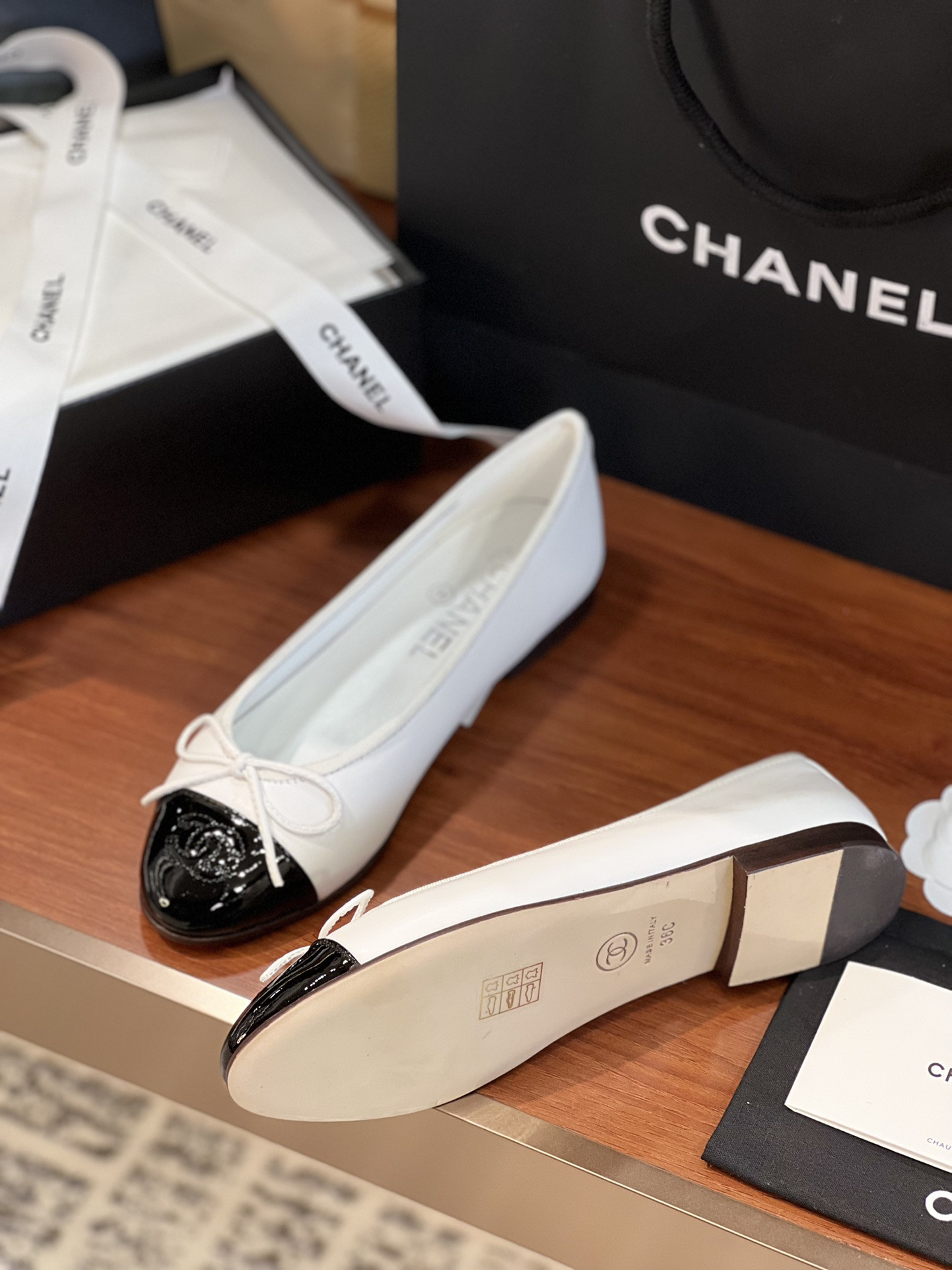 Ch**el BALLET FLATS Lambskin & Grosgrain White & Black