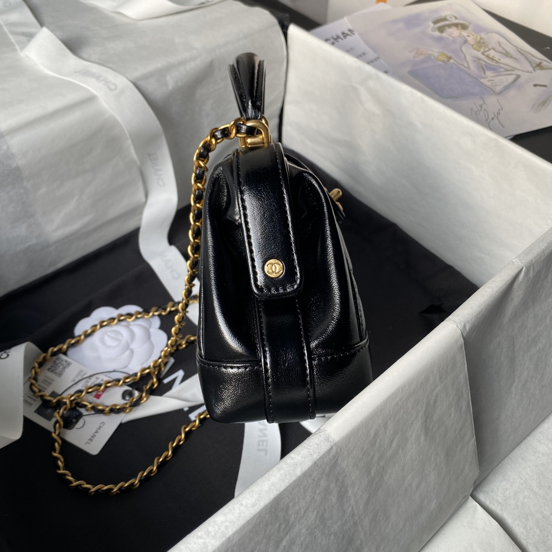 Ch**el MINI BAG WITH TOP HANDLE Shiny Lambskin & Gold-Tone Metal Black 12 × 18 × 7 cm
