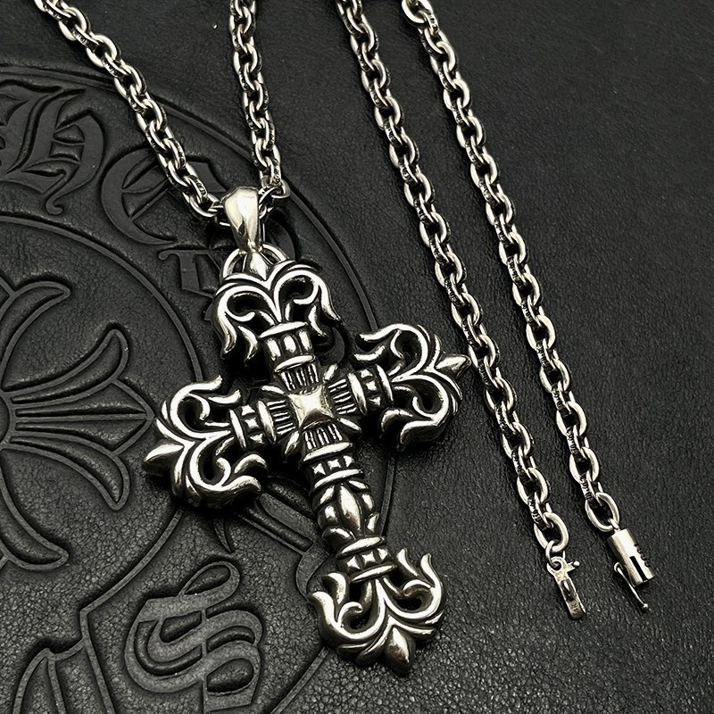 Ch*0me He**ts Large Flame Cross Pendant Necklace