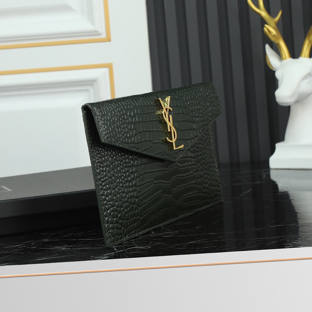 Y51 uptown pouch in crocodile-embossed shiny leather black 10.6 x 6.2 x 0.7 inches