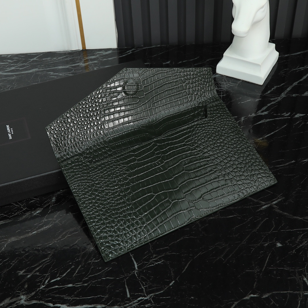 Y51 uptown pouch in crocodile-embossed shiny leather black 10.6 x 6.2 x 0.7 inches