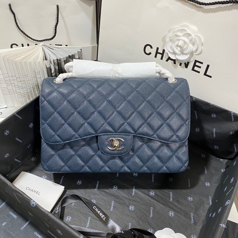 Ch**el Classic Flap Jumbo 30cm CF Blue Silver 7.6 × 11.7 × 3.9 in