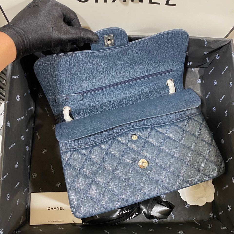 Ch**el Classic Flap Jumbo 30cm CF Blue Silver 7.6 × 11.7 × 3.9 in