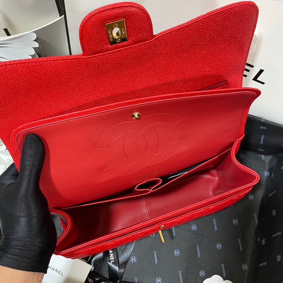 Ch**el Classic Flap Jumbo 30cm CF Red Gold 7.6 × 11.7 × 3.9 in