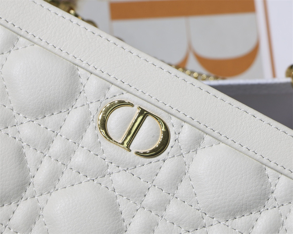 D10r CARO ZIPPED POUCH WITH CHAIN Latte S*pple Cannage Calfskin 19 x 14 x 4.5 cm