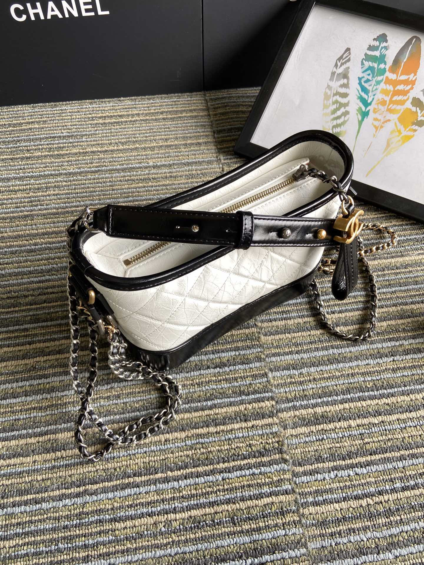 Ch**el Gabrielle SMALL WHITE BLACK with shoulder strap letters 20 x 15 x 8cm