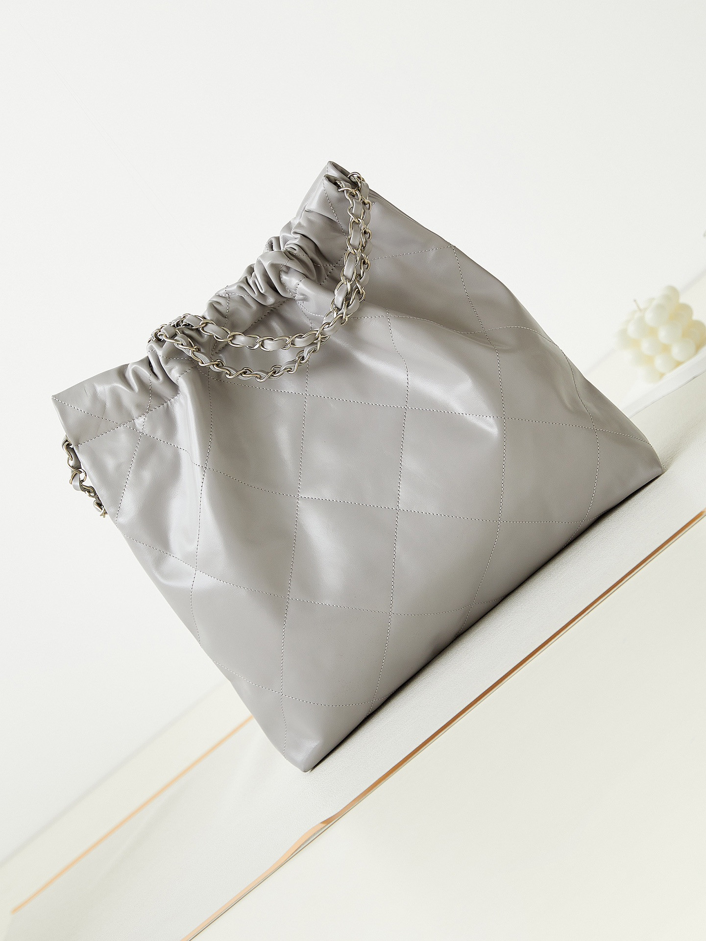Ch**el 22 SMALL HANDBAG Shiny Calfskin grey 15.2×16.4×3.1 in