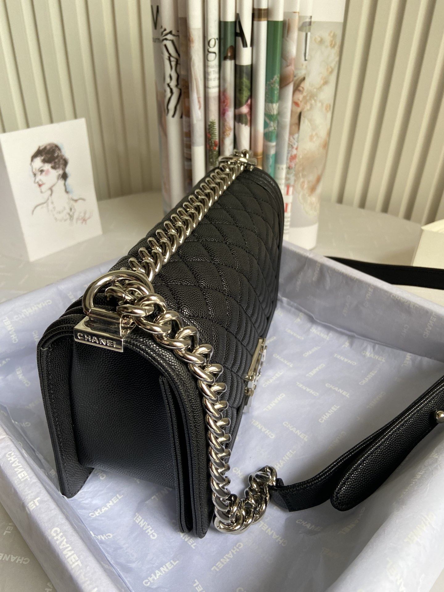 BOY Ch**el HANDBAG Shiny Grained Calfskin & Silver-Tone Metal Black 5.9 × 9.8 × 3.5 in