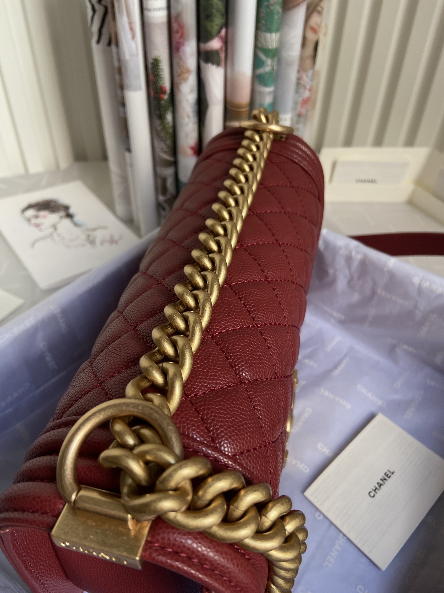 BOY Ch**el HANDBAG Shiny Grained Calfskin & Gold-Tone Metal red 5.9 × 9.8 × 3.5 in