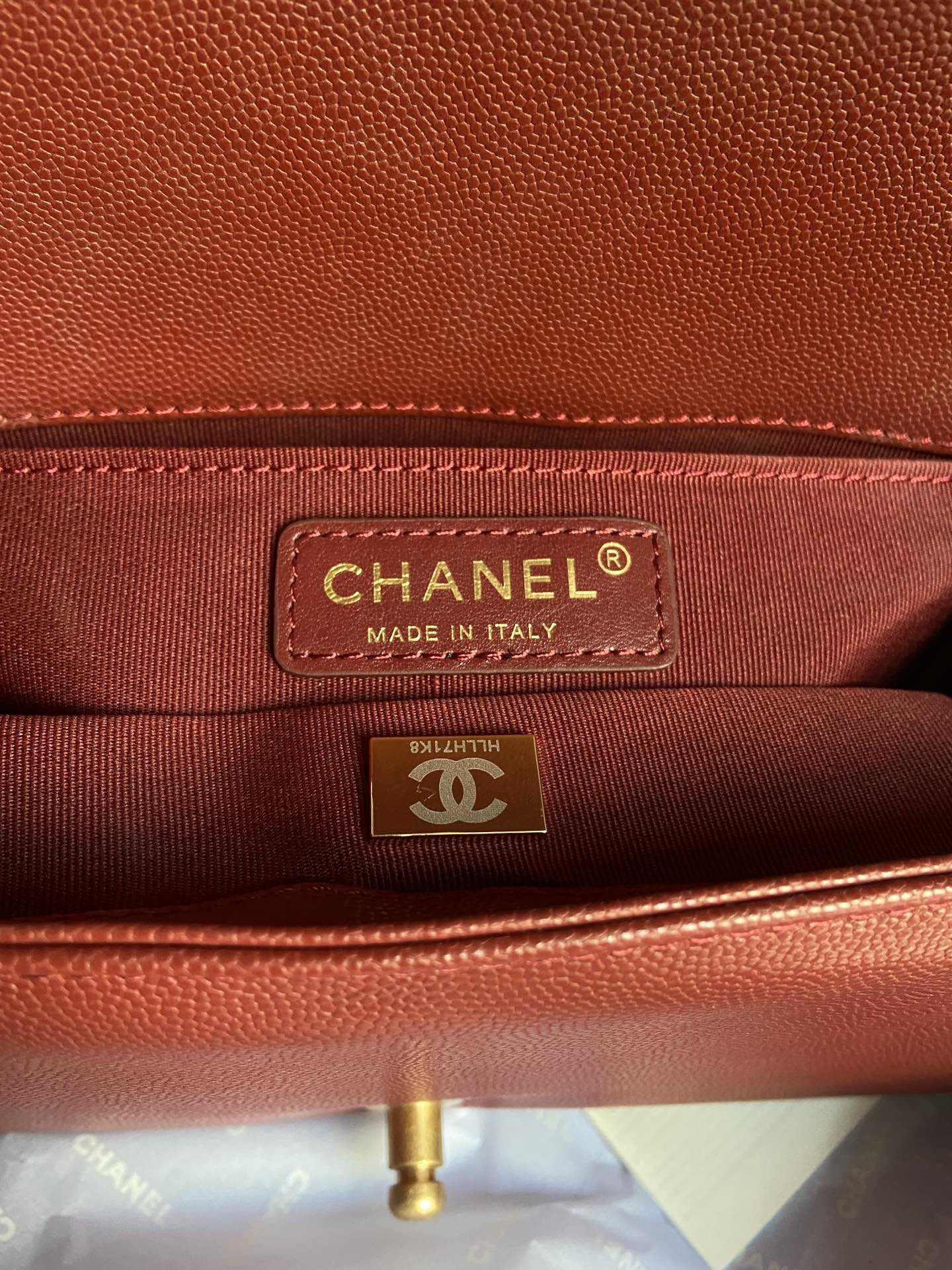 BOY Ch**el HANDBAG Shiny Grained Calfskin & Gold-Tone Metal red 5.9 × 9.8 × 3.5 in