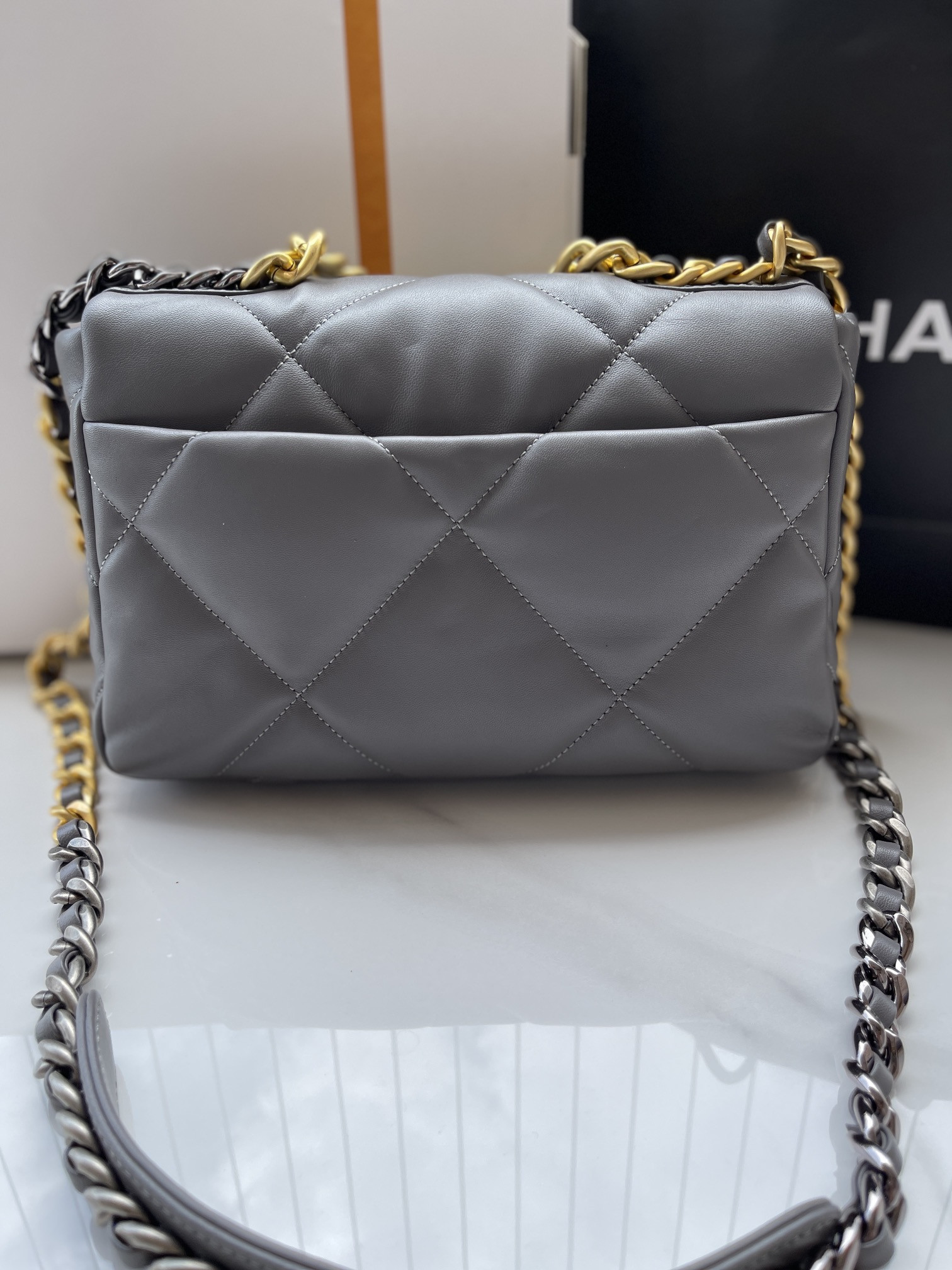 Ch**el 19 HANDBAG Shiny Leather, Gold-Tone, Silver-Tone & Ruthenium-Finish Metal Dark Gray 6.2 × 10.1 × 3.5 in