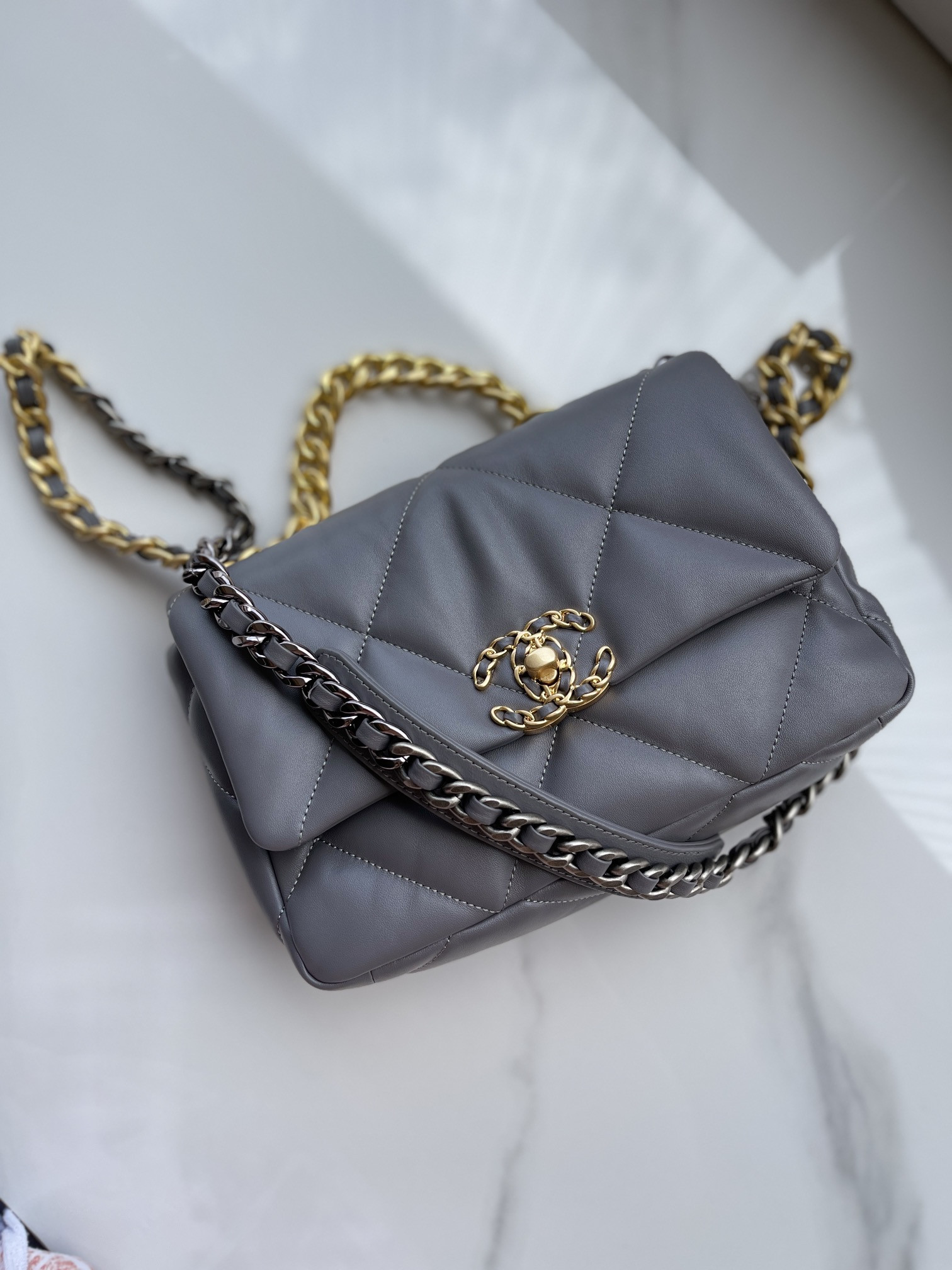 Ch**el 19 HANDBAG Shiny Leather, Gold-Tone, Silver-Tone & Ruthenium-Finish Metal Dark Gray 6.2 × 10.1 × 3.5 in