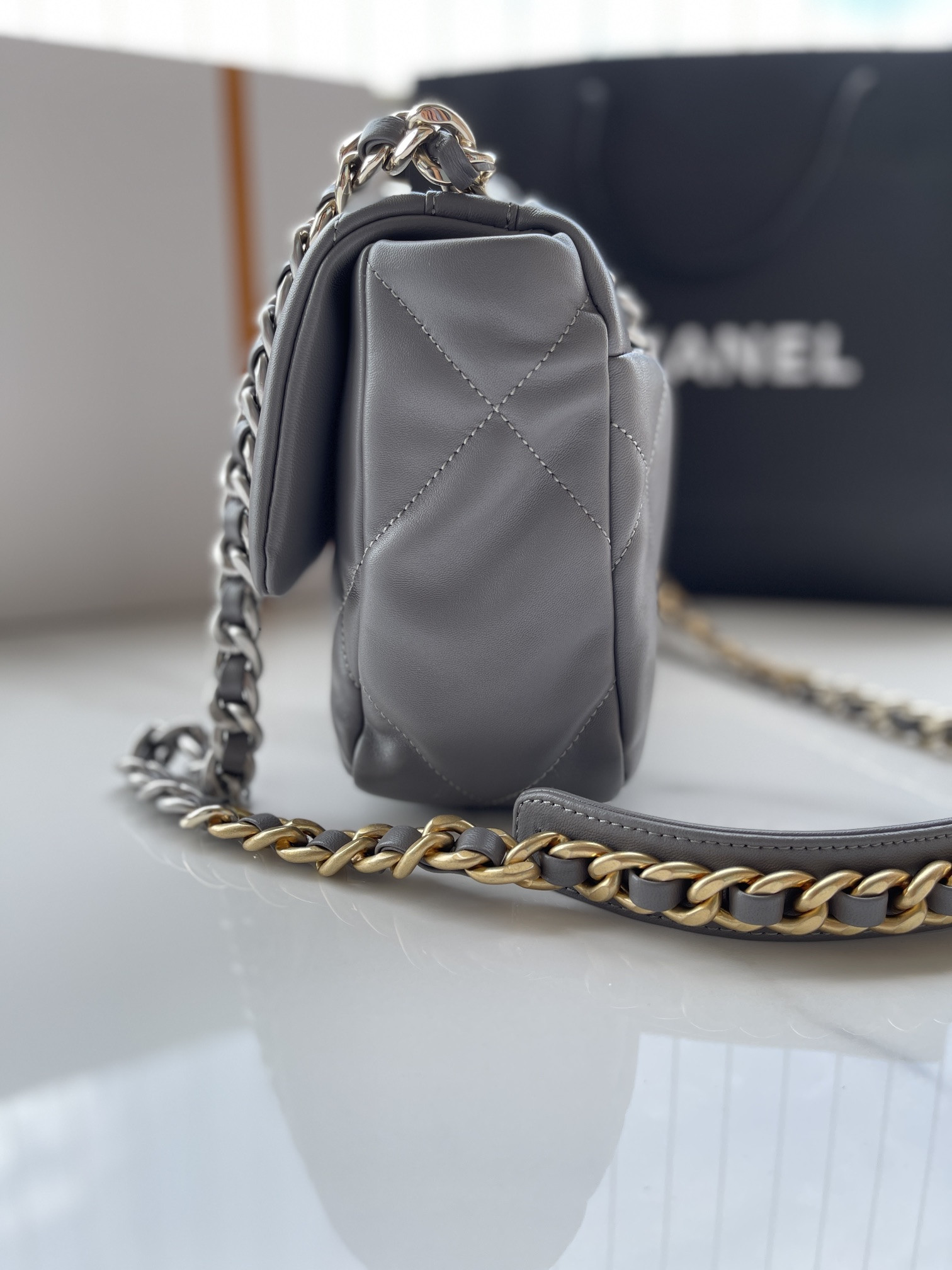 Ch**el 19 HANDBAG Shiny Leather, Gold-Tone, Silver-Tone & Ruthenium-Finish Metal Dark Gray 6.2 × 10.1 × 3.5 in