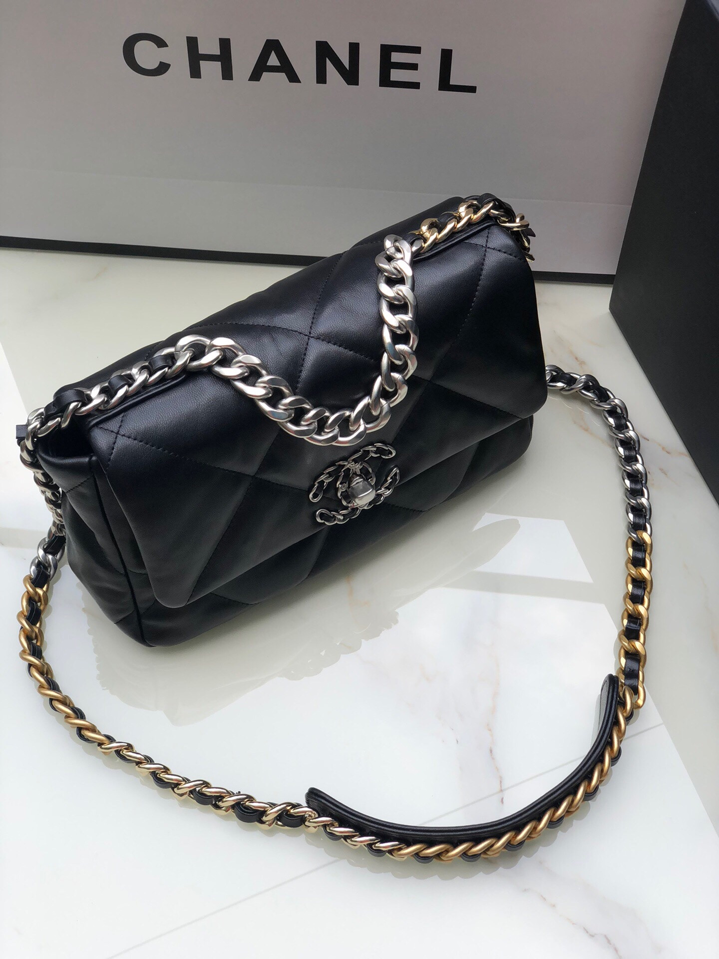 Ch**el 19 HANDBAG Shiny Leather, Gold-Tone, Silver-Tone & Ruthenium-Finish Metal Black 6.2 × 10.1 × 3.5 in