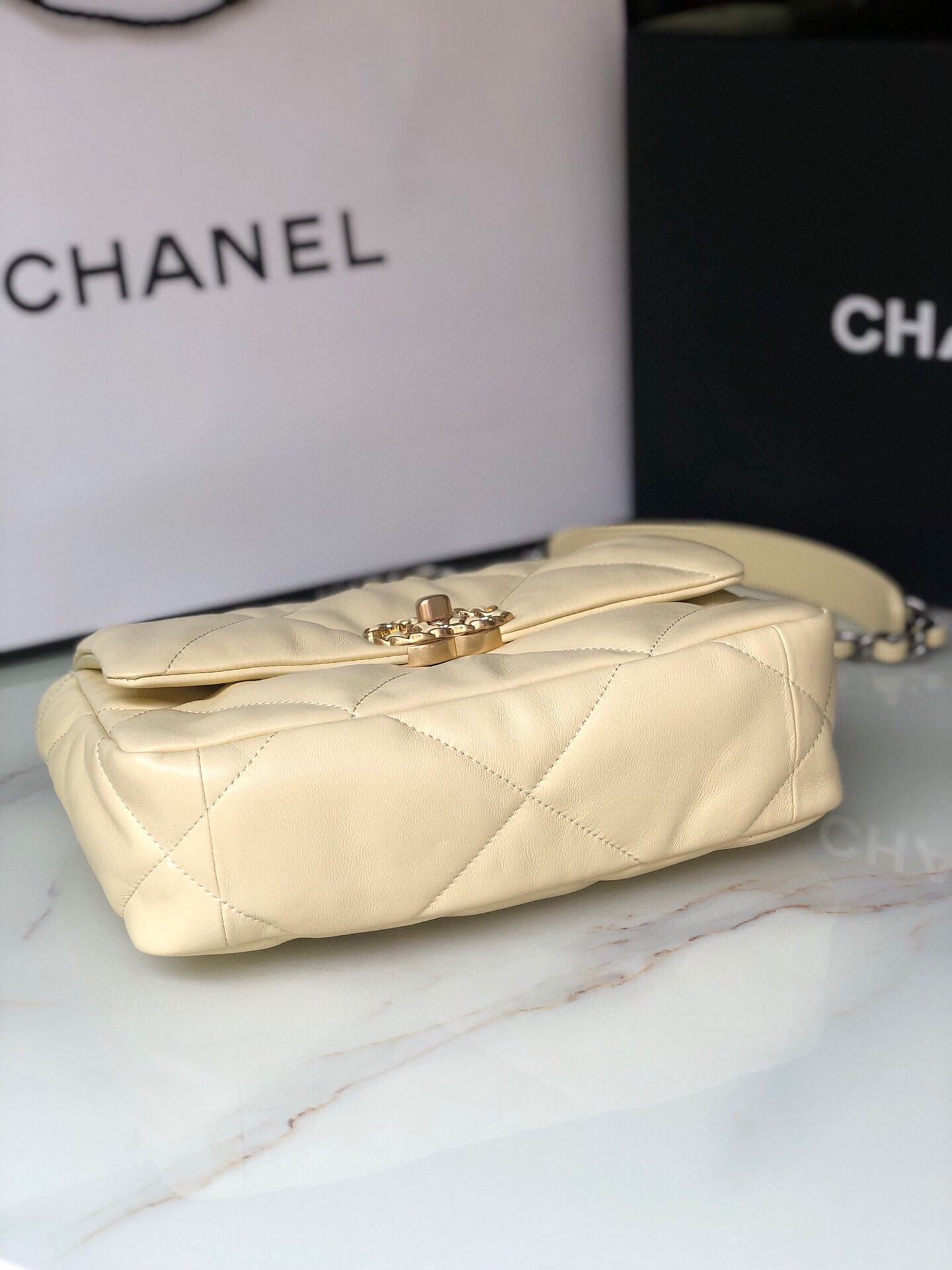 Ch**el 19 HANDBAG Shiny Leather, Gold-Tone, Silver-Tone & Ruthenium-Finish Metal Dark Yellow 6.2 × 10.1 × 3.5 in