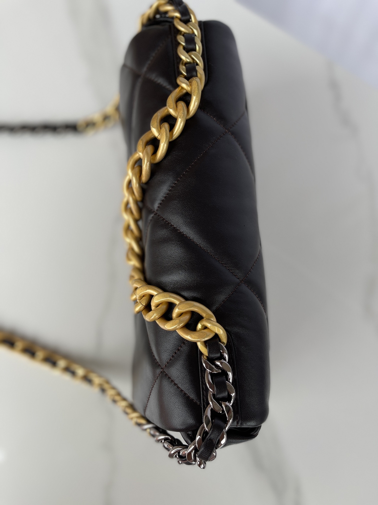 Ch**el 19 LARGE HANDBAG Shiny Leather, Gold-Tone, Silver-Tone & Ruthenium-Finish Metal Black 7.8 × 11.7 × 3.9 in
