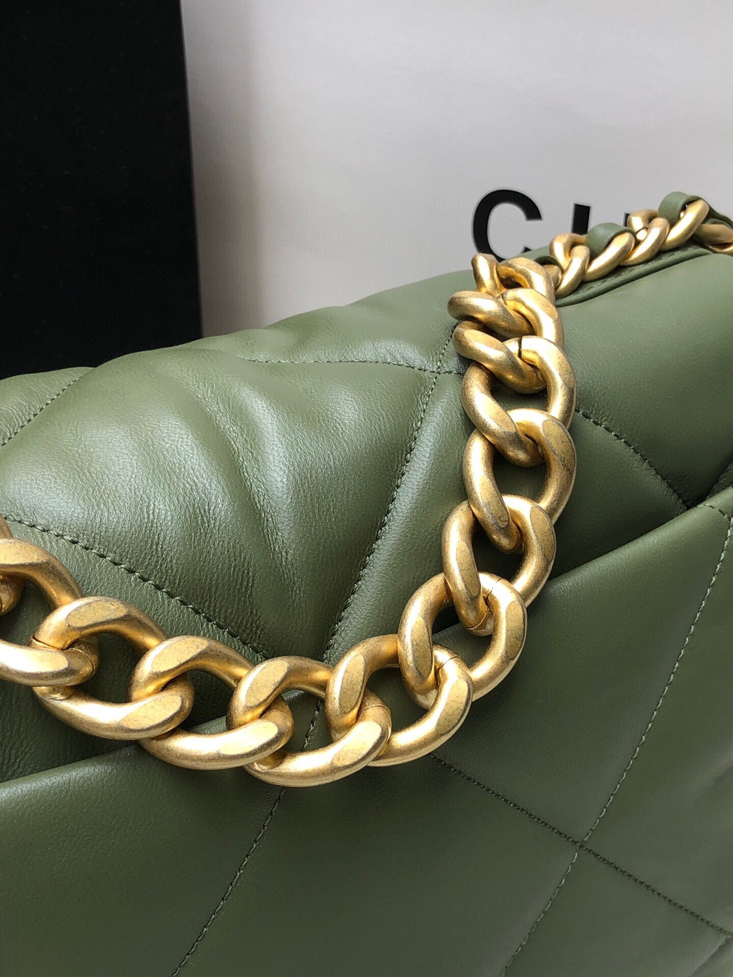 Ch**el 19 LARGE HANDBAG Shiny Leather, Gold-Tone, Silver-Tone & Ruthenium-Finish Metal Dark Green 7.8 × 11.7 × 3.9 in