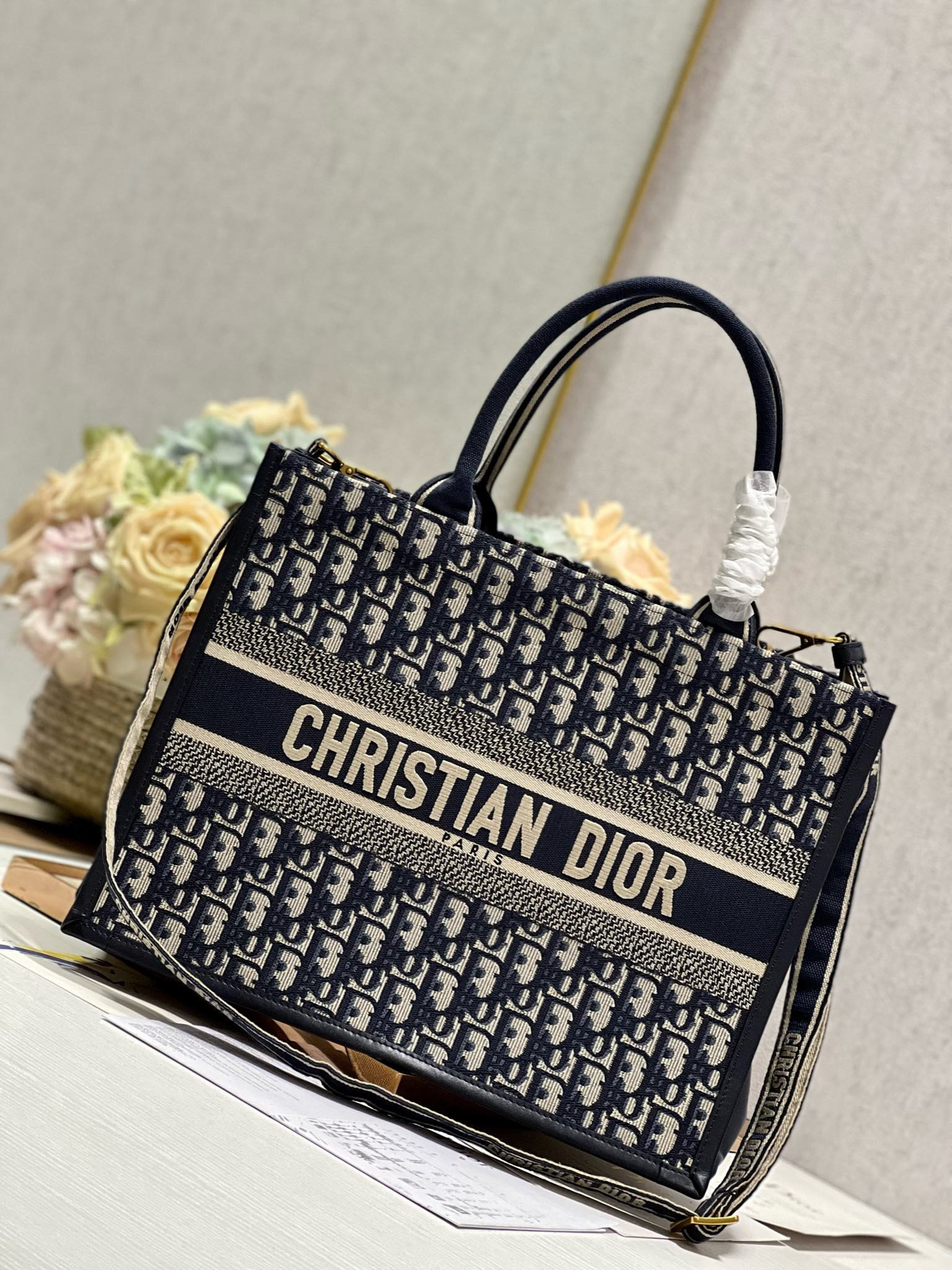 Medium D10r Book Tote Ecru and Blue D10r Oblique Embroidery 14 x 11 x 6.5 inches
