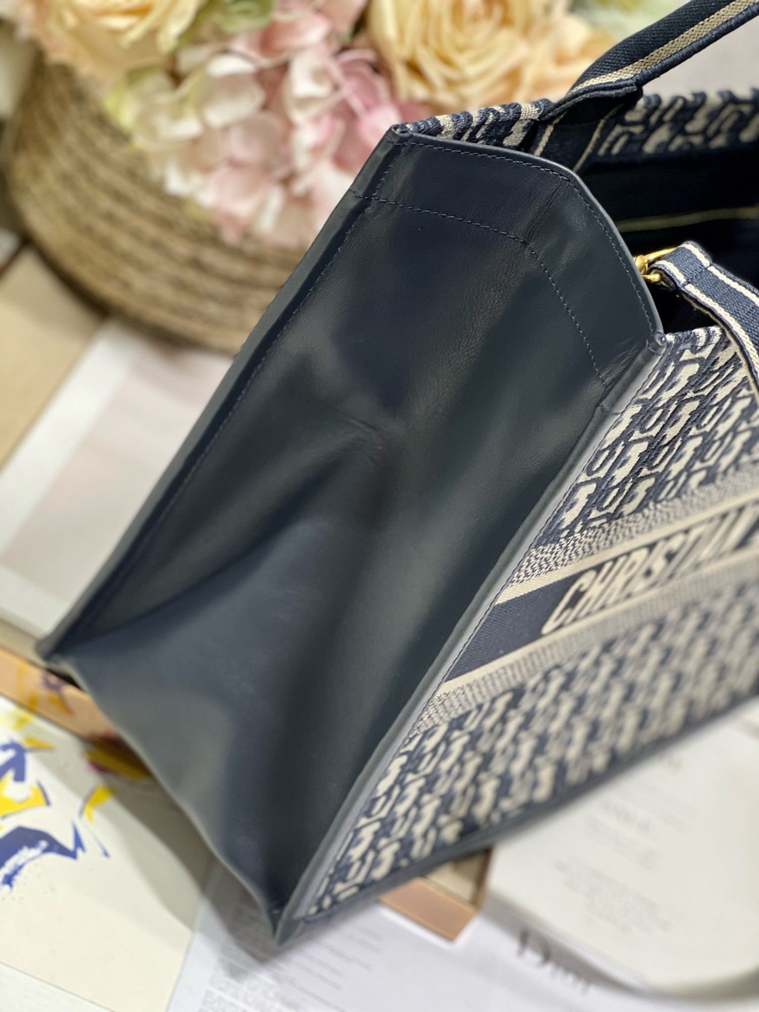 Medium D10r Book Tote Ecru and Blue D10r Oblique Embroidery 14 x 11 x 6.5 inches
