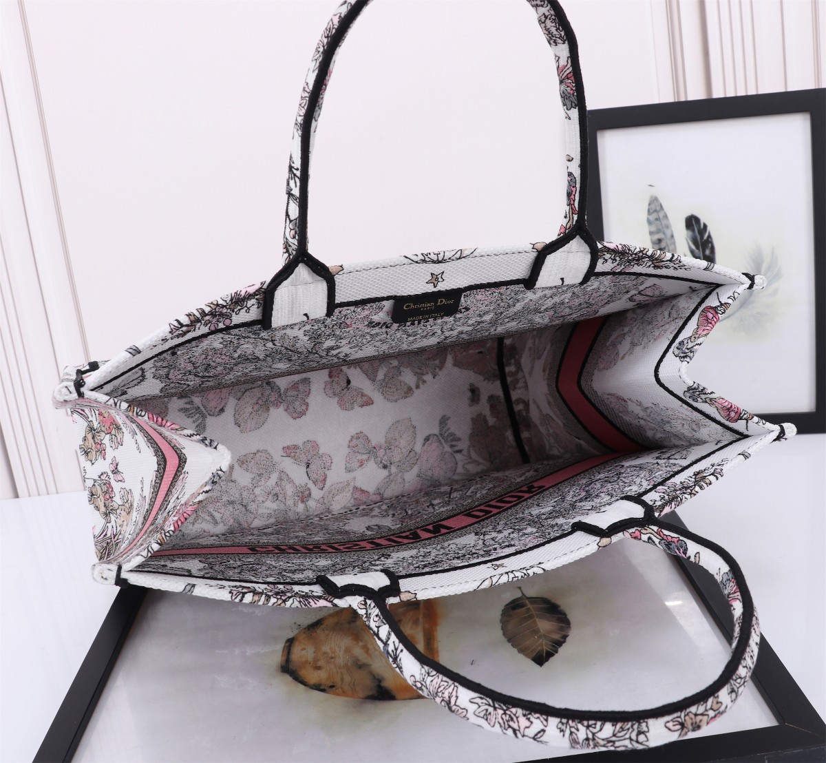 Large D10r BOOK TOTE WHITE AND PASTEL PINK BUTTERFLY AROUND THE WORLD EMBROIDERY 16.5 x 14 x 7.5 inches
