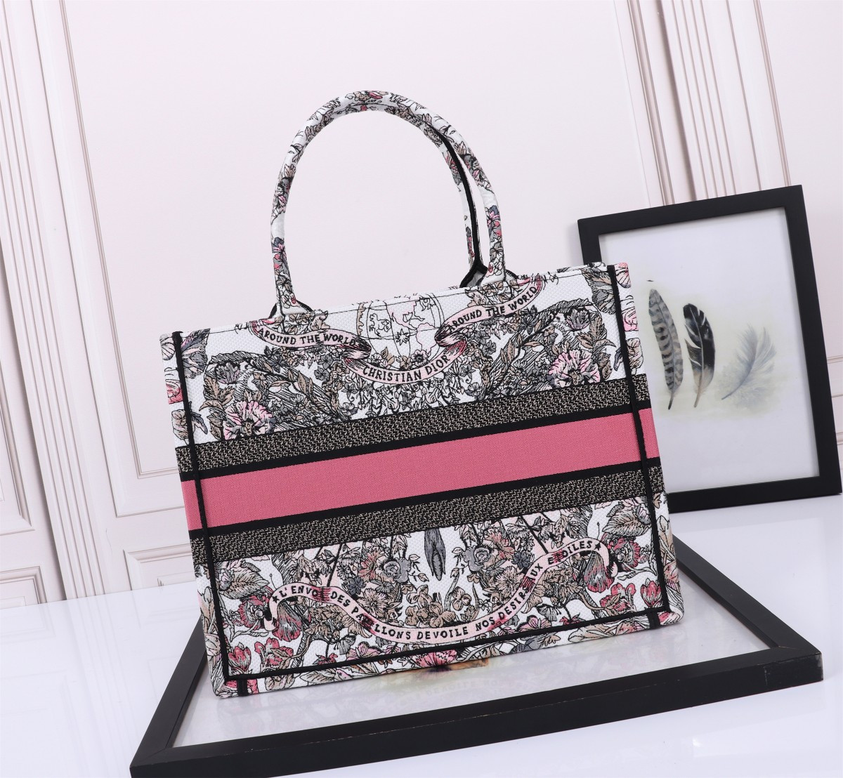 Medium D10r Book Tote  White and Pastel Pink Butterfly Around The World Embroidery 14 x 11 x 6.5 inches