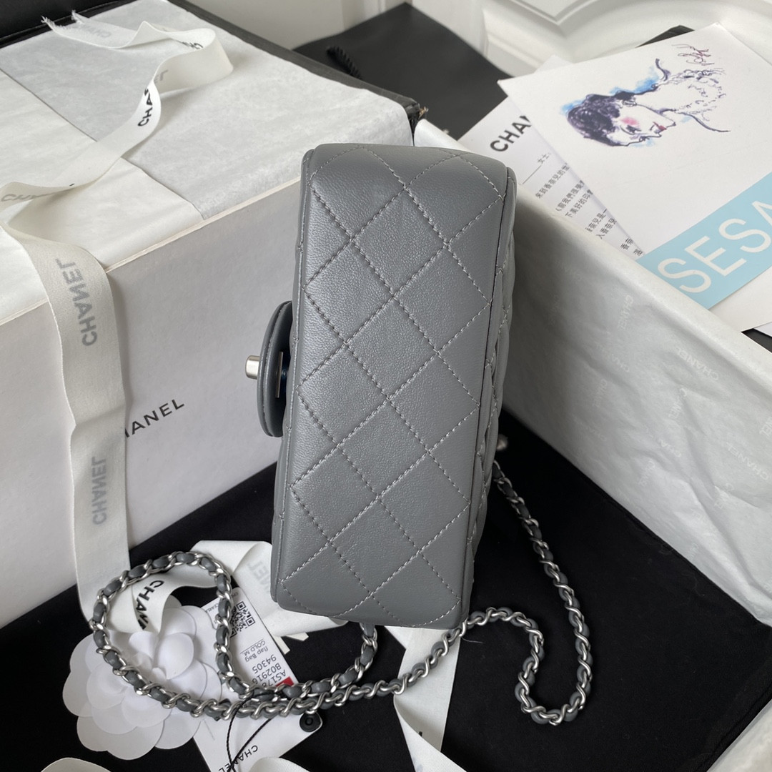 Ch**el MINI FLAP BAG SHINY CALFSKIN & SILVER-Tone METAL GRAY 5.3 × 6.6 × 3.1 in