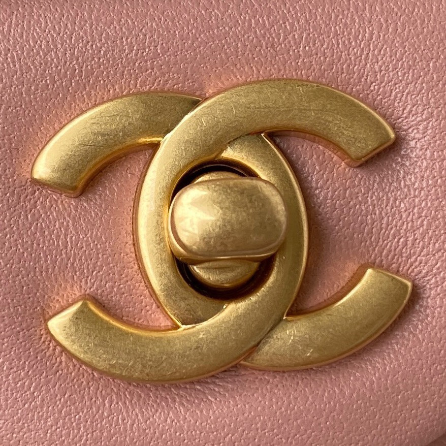 Ch**el MINI FLAP BAG SHINY CALFSKIN & Gold-Tone METAL PINK 5.3 × 6.6 × 3.1 in