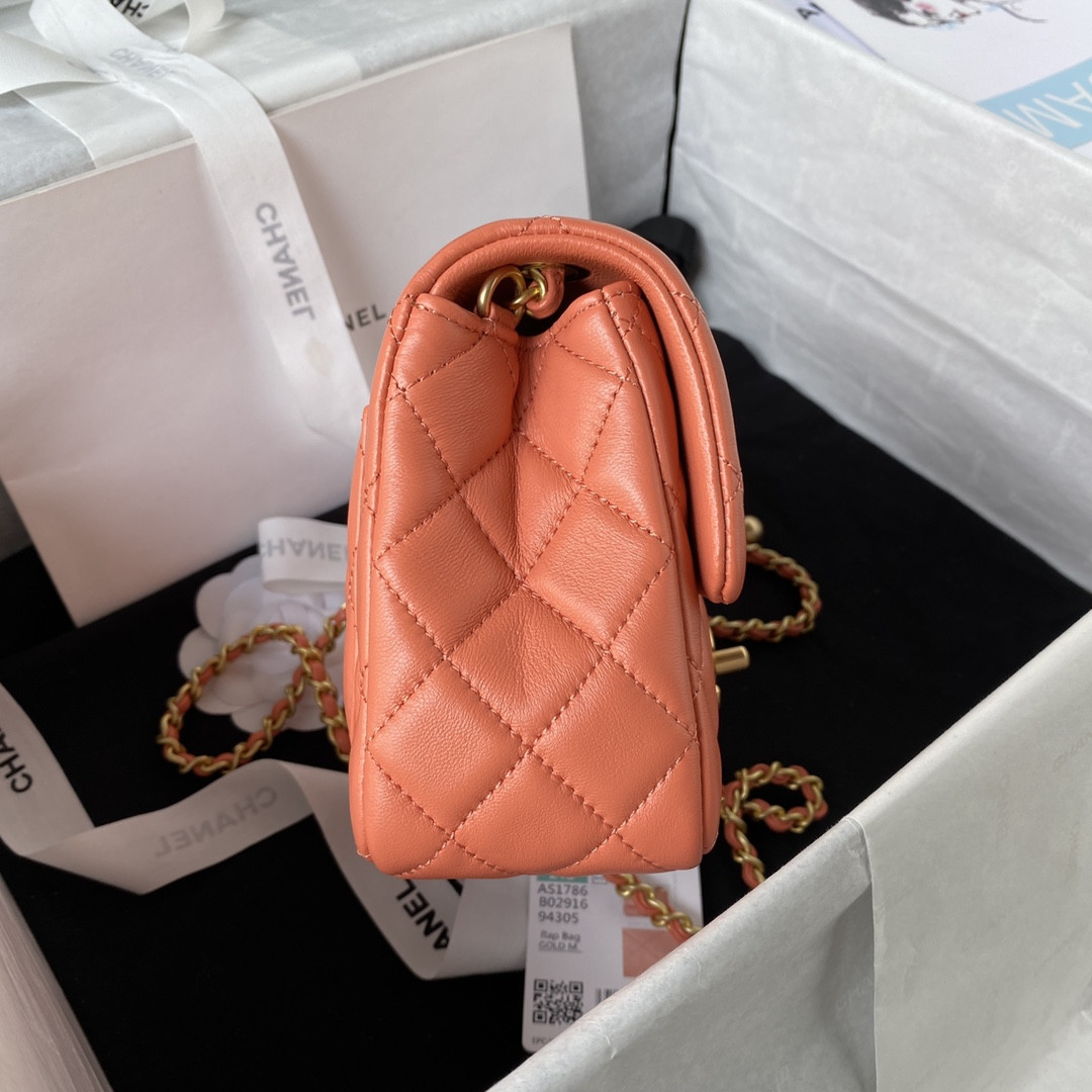Ch**el MINI FLAP BAG SHINY CALFSKIN & Gold-Tone METAL ORANGE 5.3 × 6.6 × 3.1 in