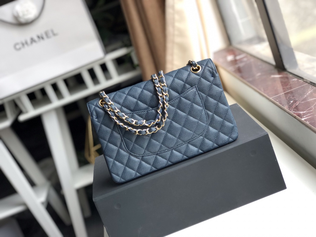 Ch**el CLASSIC HANDBAG GRAINED CALFSKIN & GOLD-TONE METAL NAVY 6 × 9.9 × 2.5 in