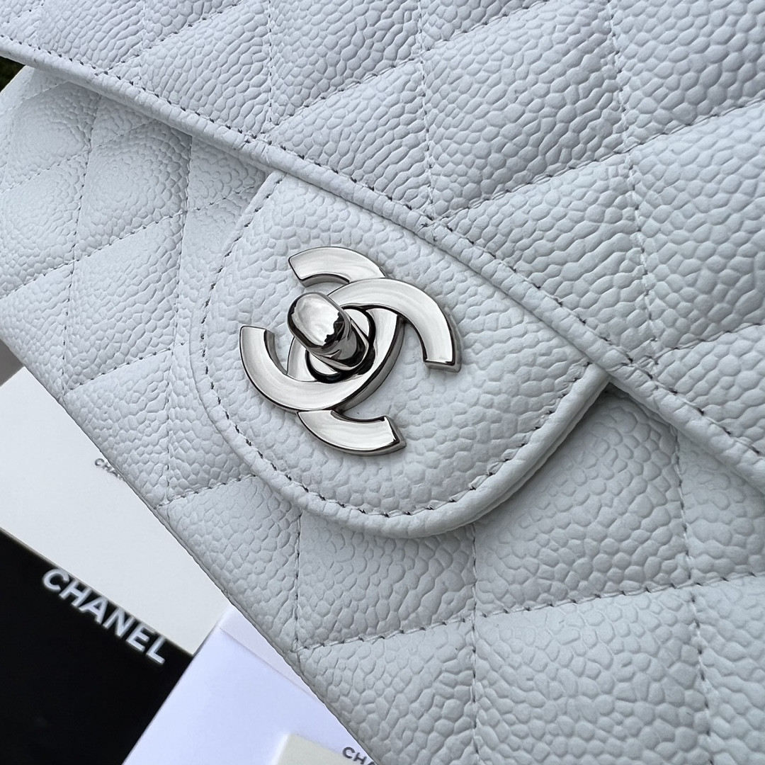 Ch**el CLASSIC HANDBAG GRAINED CALFSKIN & SILVER-TONE METAL WHITE 6 × 9.9 × 2.5 in
