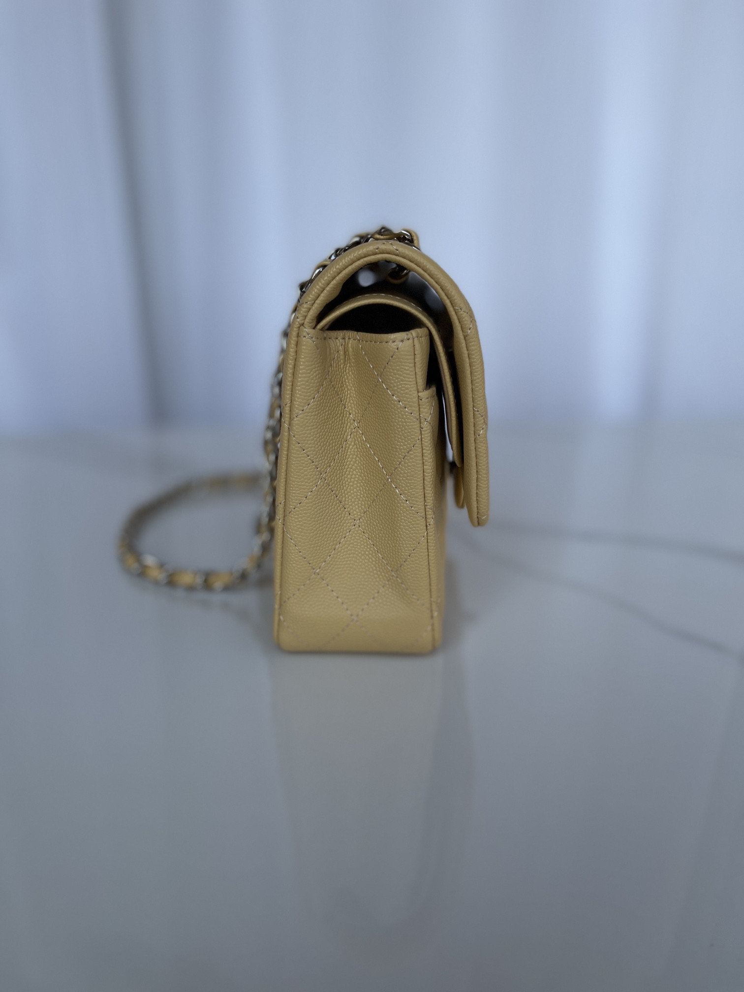Ch**el CLASSIC HANDBAG GRAINED CALFSKIN & SILVER-TONE METAL YELLOW 6 × 9.9 × 2.5 in
