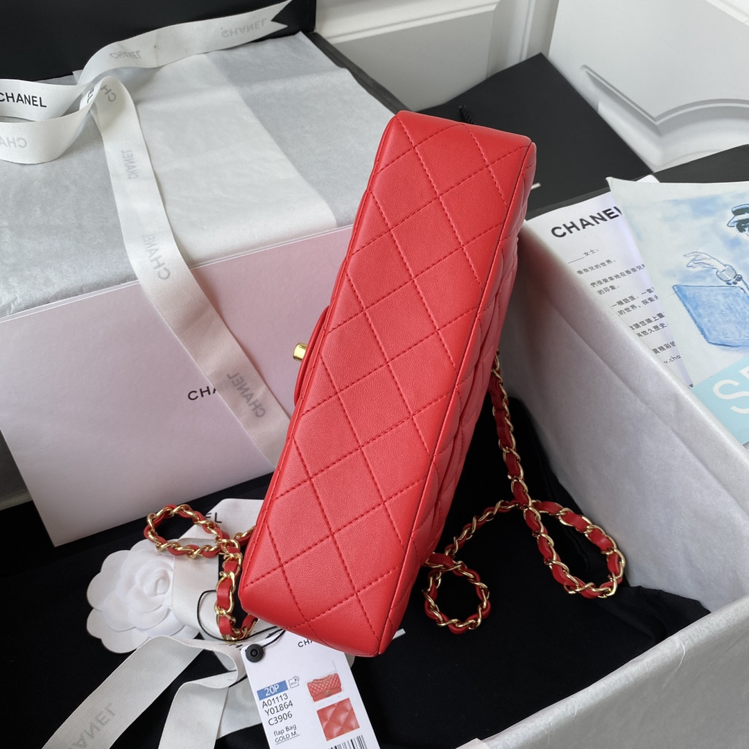 Ch**el SMALL CLASSIC HANDBAG LAMBSKIN & Gold-TONE METAL Red 5.7 × 9 × 2.3 IN