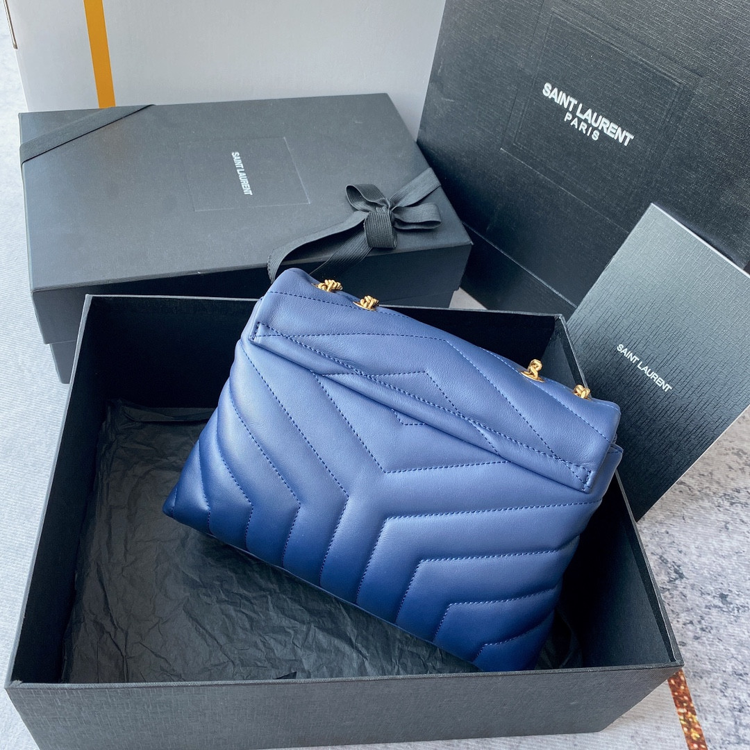 Y51 LOULOU SMALL IN QUILTED LEATHER BLUE GOLD 9 X 6.1 X 3.3 INCHES