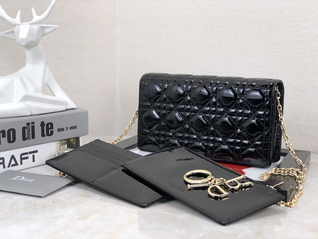 Lady D10r Pouch  Black Patent Cannage Calfskin 8.5 x 4.5 x 1 inches