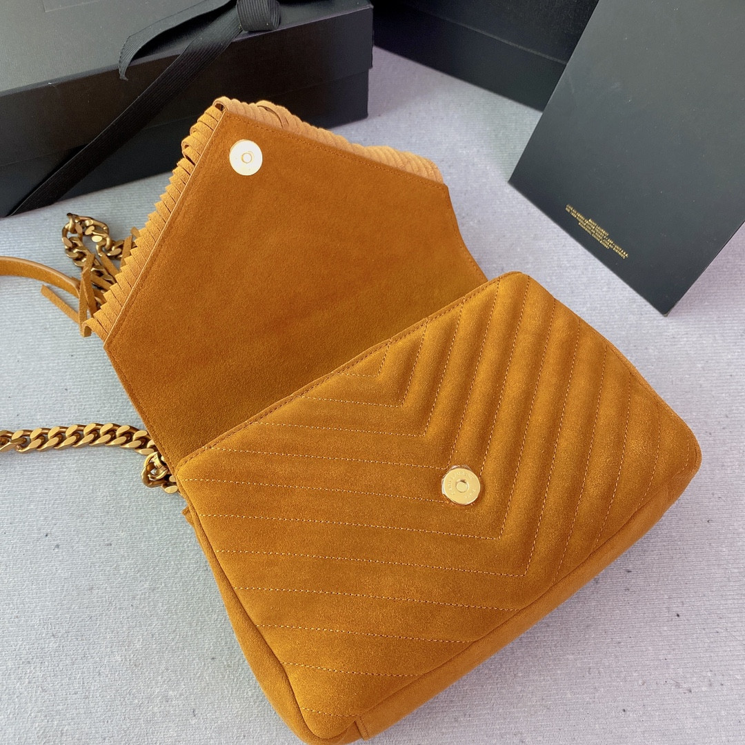Y51 COLLEGE MEDIUM IN QUILTED SUEDE ORANGE 9.4 X 6.6 X 2.5 INCHES