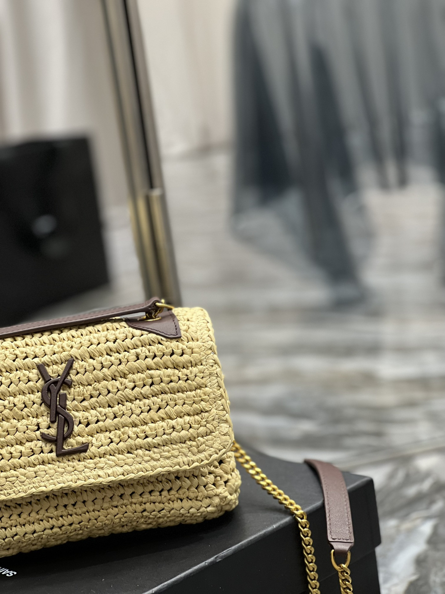 Y51 NIKI CHAIN BAG IN RAFFIA AND LEATHER BEIGE 22×16.5×12 CM