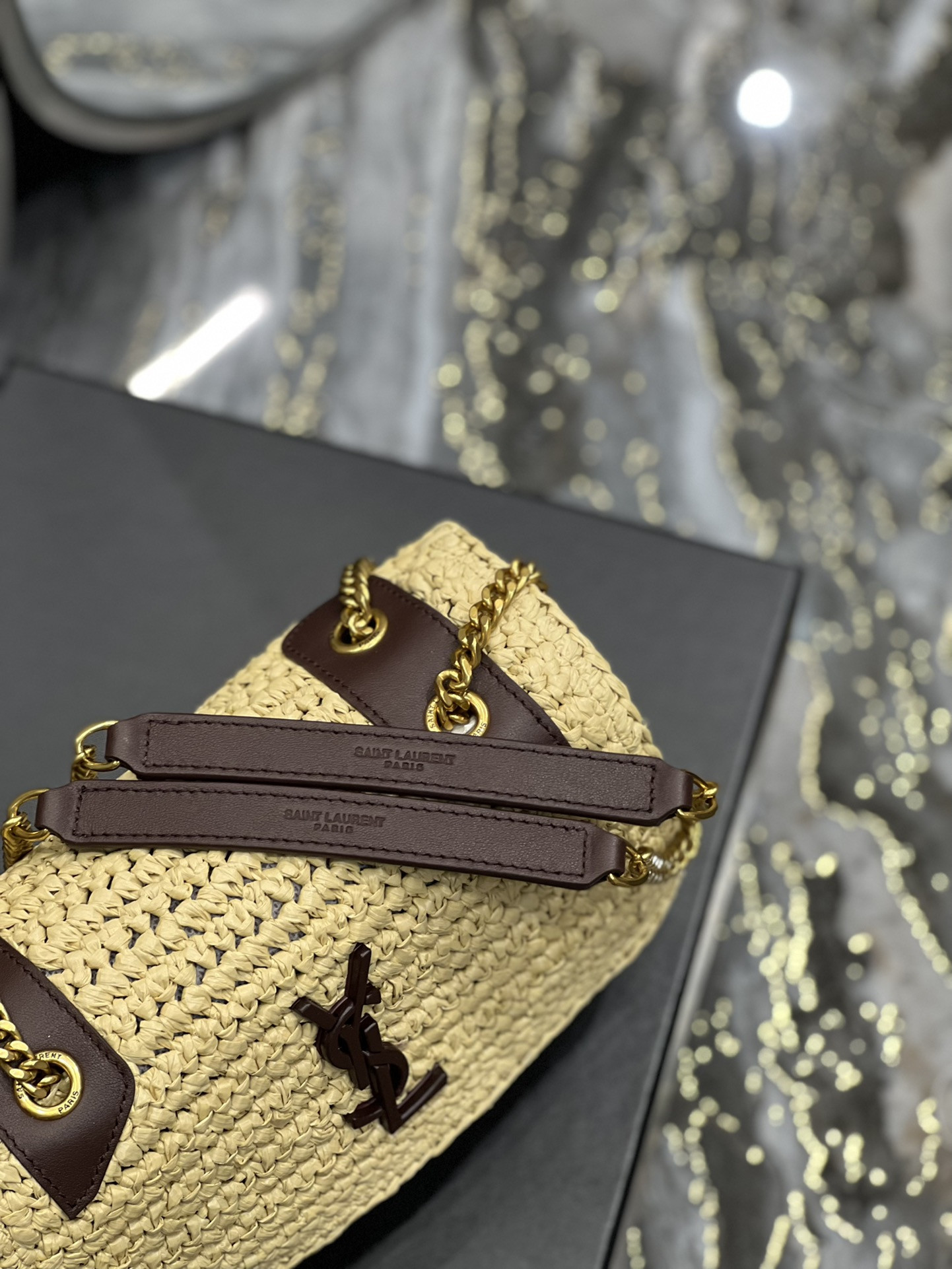 Y51 NIKI CHAIN BAG IN RAFFIA AND LEATHER BEIGE 22×16.5×12 CM