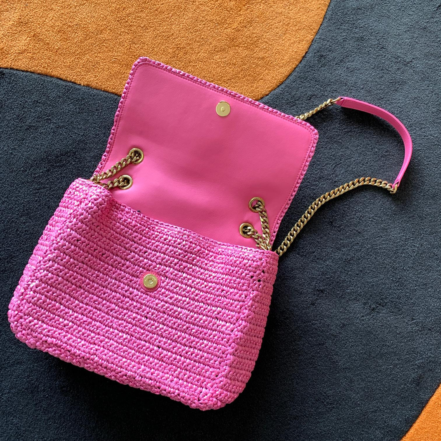 Y51 NIKI MEDIUM CHAIN BAG IN RAFFIA AND LEATHER 11 X 7.8 X 3.3 INCHES