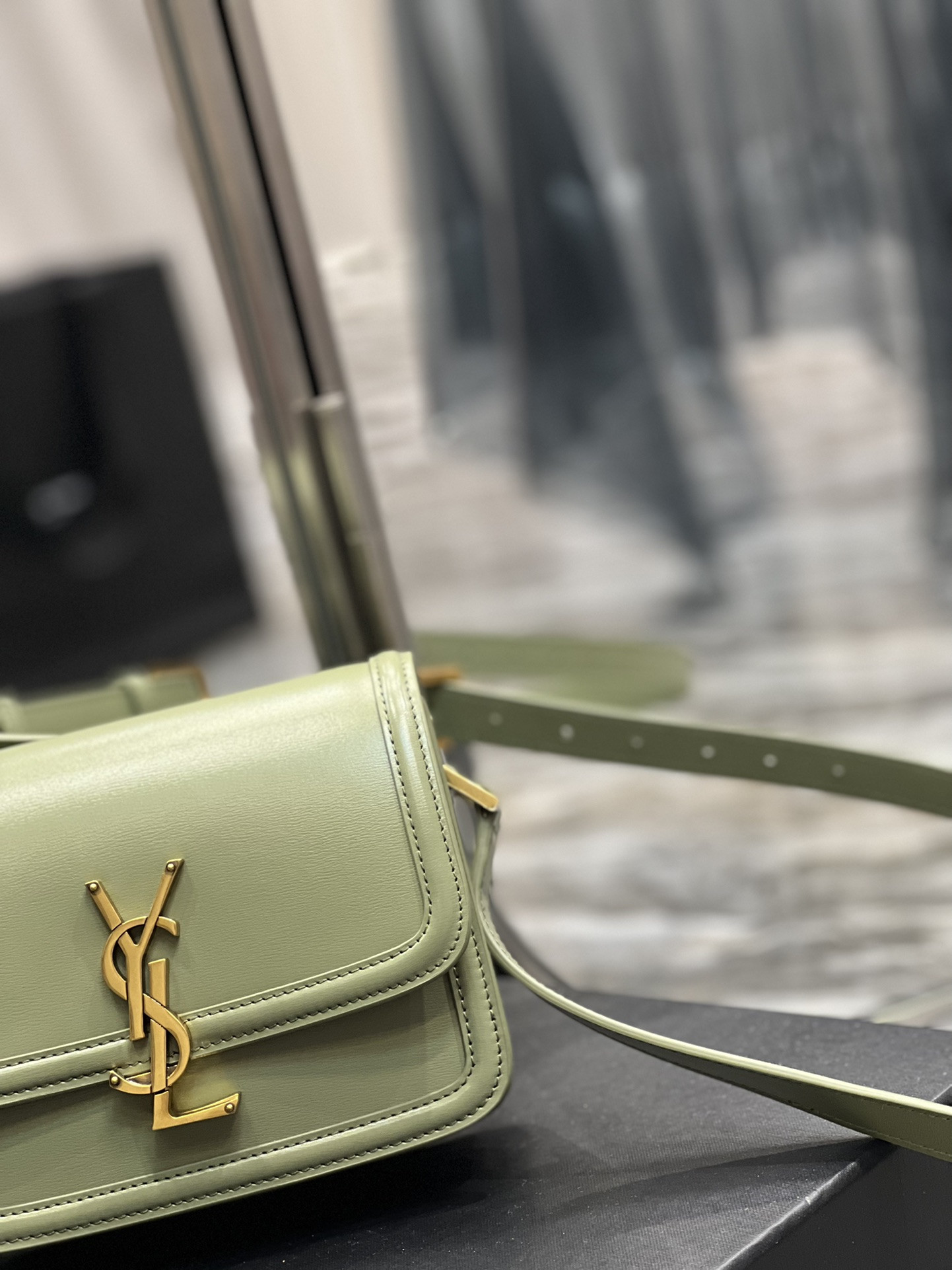 Y51 SOLFERINO SMALL SATCHEL IN BOX SAINT LIGHT GREEN 7.4 X 5.1 X 1.9 INCHES