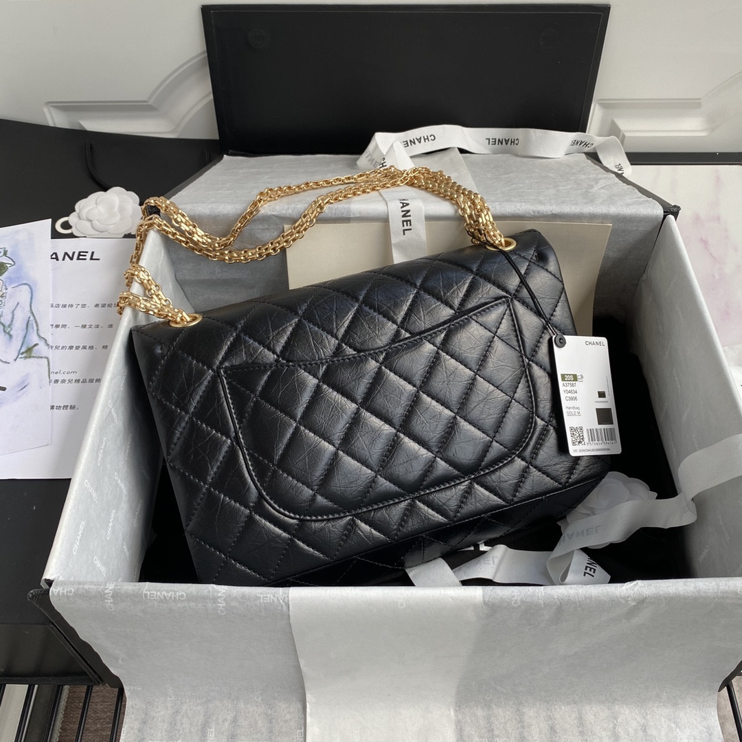 Ch**el LARGE 2.55 HANDBAG Black& Gold-Tone Metal 7.6 × 10.9 × 2.9 in
