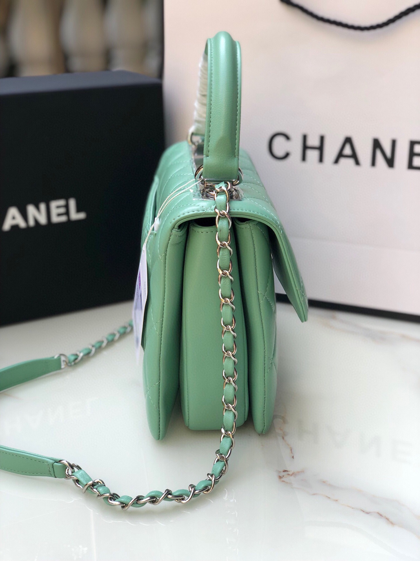 Ch**el FLAP BAG WITH TOP HANDLE 6.6 × 9.8 × 4.7 in